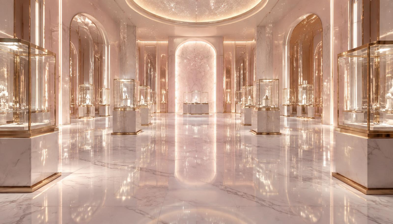 Pearl and blush exhibition hall lined with lit glass vitrines