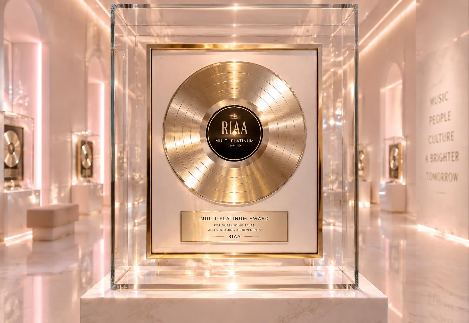 Gold RIAA multi-platinum award displayed inside a glass vitrine